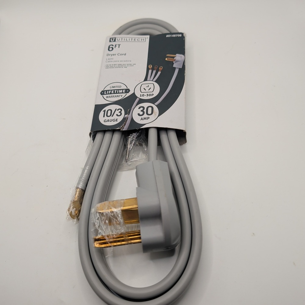 Utilitech Dryer Cord Gray 6ft 10/3 Gauge 30 Amp 3-Prong 10-30P UTD100306